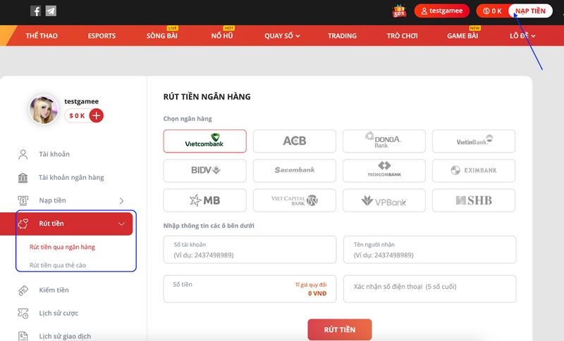 Rút tiền về ngân hàng