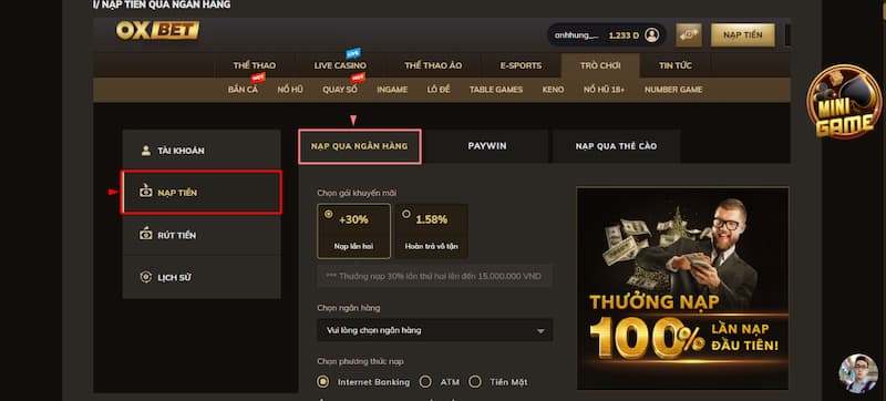 Oxbet Hướng dẫn nạp tiền nhanh chóng vào tài khoản nhà cái Oxbet
