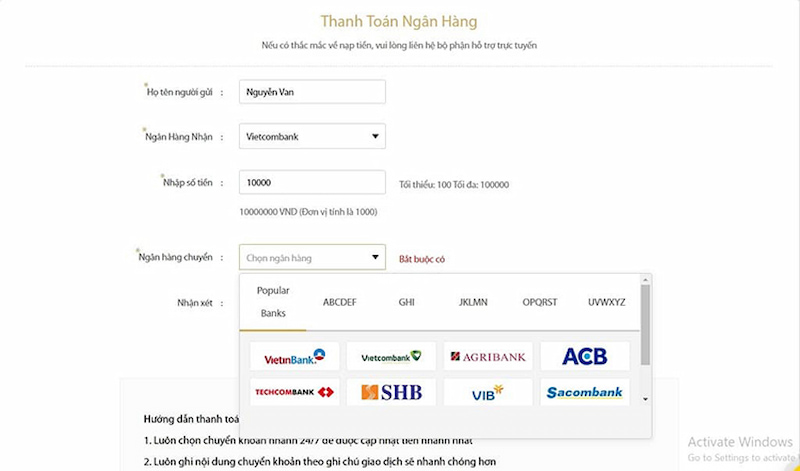 Hướng dẫn nạp tiền VN138