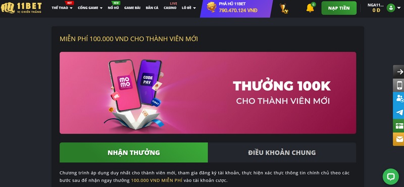 Thưởng 100k khởi nghiệp khi đăng ký tài khoản thành công tại 11BET