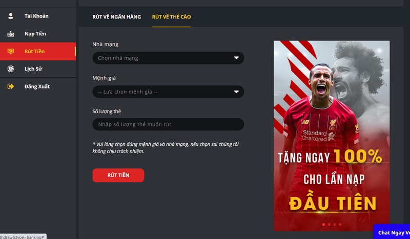 Rút tiền về thẻ cào đơn giản thực hiện chỉ mất 1 - 2 phút 