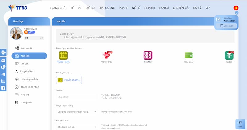 Hướng dẫn nạp tiền