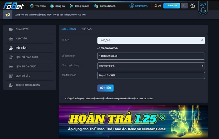 Rút tiền Fabet về thẻ cào thuận tiện với 4 bước nhanh chóng